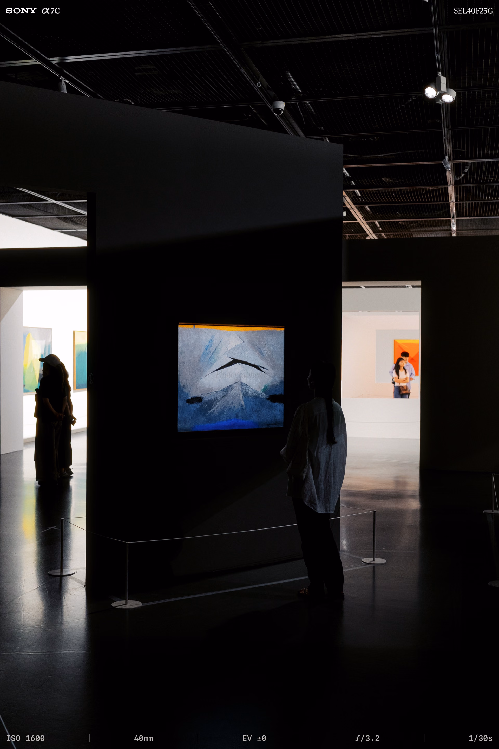 A person standing still before a painting of a white mountain