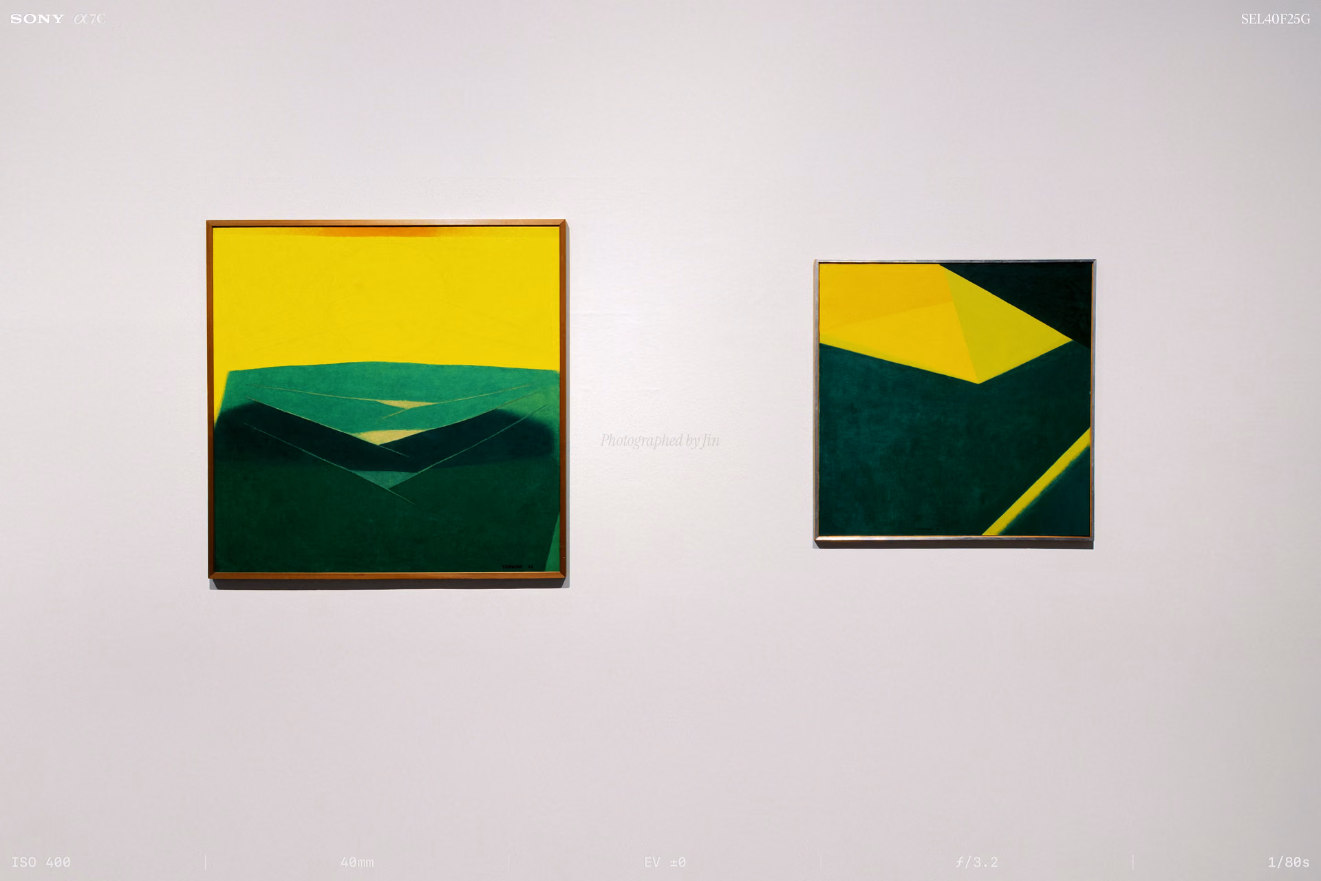 Two paintings, one yellow and one green, hung side by side