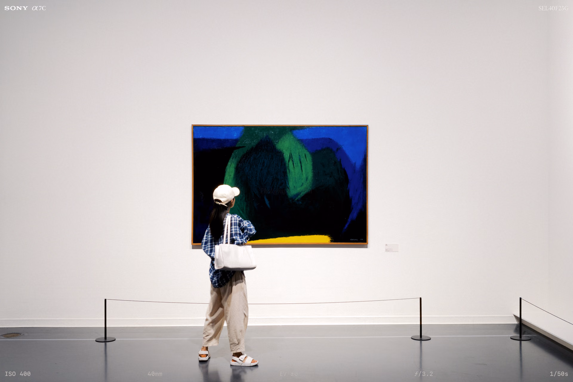A visitor in a white hat standing before a painting